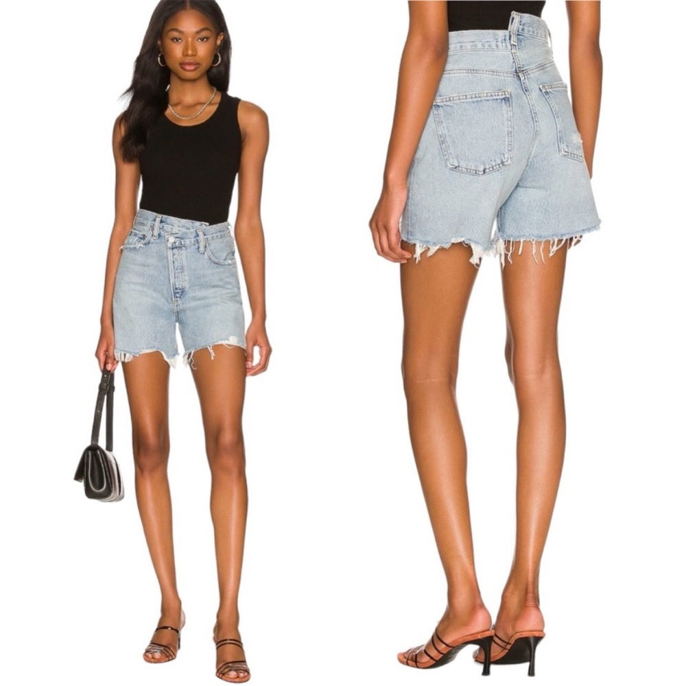 Agolde Blue High-Waisted Jean Shorts Frayed Hem